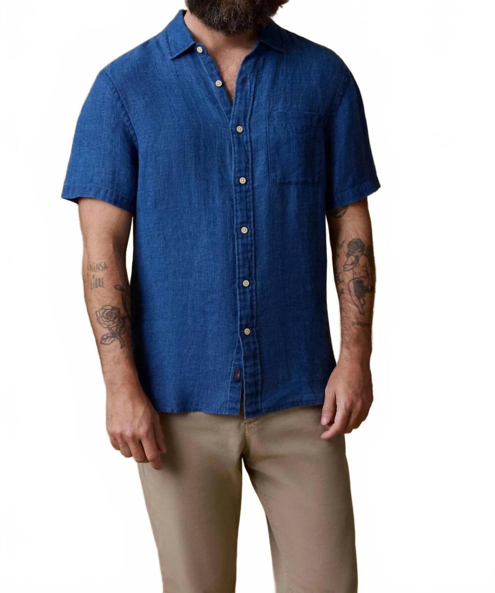 NEW FAHERTY short sleeve palma linen shirt in indigo basketweave